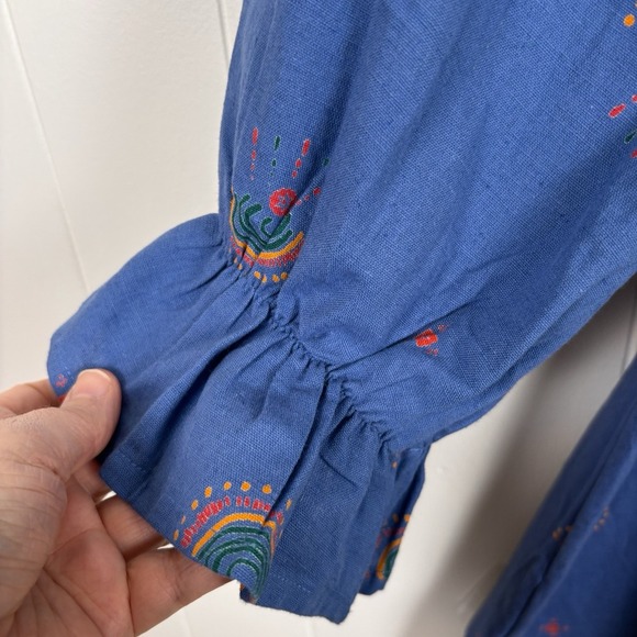 FabIndia Women's XS Tunic Top‎ Linen Blend Blue Rainbow Pattern Blouse EUC - Picture 8 of 14